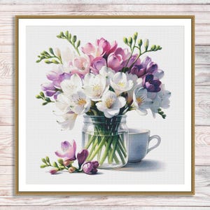Alstroemeria in vaas geteld kruissteekpatroon digitaal modern bloemen wilde bloemenpatroon borduurwerk borduurnaald Boeket alstroemeria