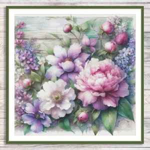 Zomerboeket geteld kruissteekpatroon Boeket lila vintage bloemen digitaal patroon gele rozen borduren borduurpatroon