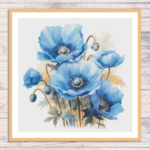 Blauwe anemonen kruissteekpatroon digitaal bloemenpatroon modern decor aquarel bloemen patroon boeket borduurwerk borduren borduurpatroon pdf