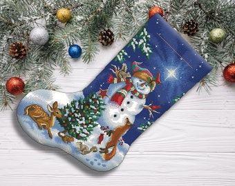 Glistening snowman Christmas Stocking Counted Cross Stitch Pattern Embroidery Chart Hand Decor Embroidery Needlepoint Chart Instant download