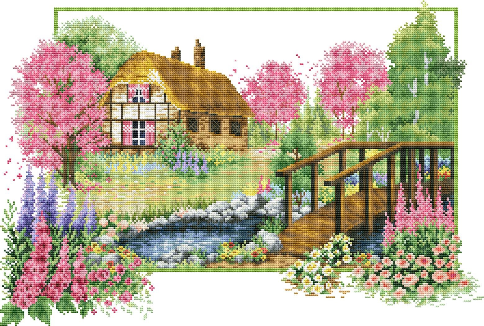 Spring Landscape Counted Cross Stitch Pattern Village House Hand ...
