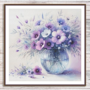 Paarse bloemenvaas Kruissteekpatroon Tuinbloemen Digitaal patroon Modern decor Wilde bloemen Patroon Boeket Borduren Borduren Borduurwerk