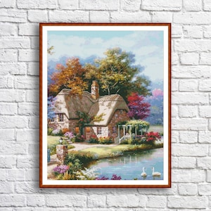 Counted Cross Stitch Pattern Lake house Summer Landscape Pattern Swans couple Hand Embroidery Needlepoint Chart Cottage Digital Pattern