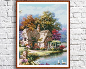 Counted Cross Stitch Pattern Lake house Summer Landscape Pattern Swans couple Hand Embroidery Needlepoint Chart Cottage Digital Pattern