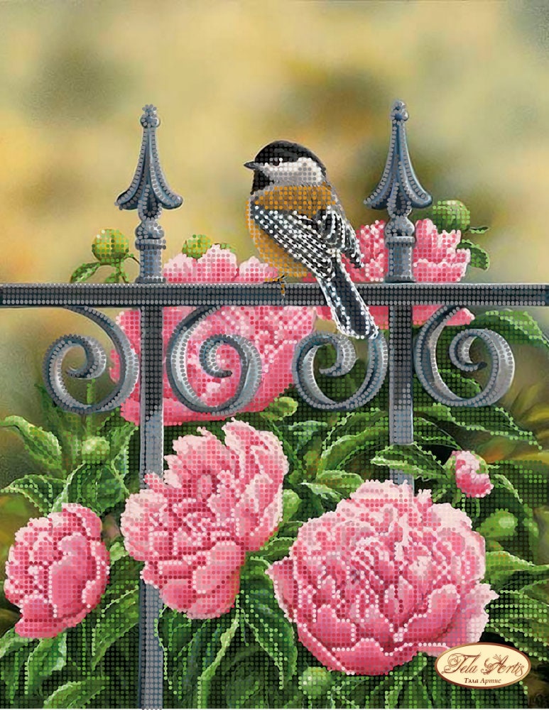 ビーズ刺繍キット 咲く庭 夏の風景 牡丹 鳥 動物 針仕事 ビーズ細工