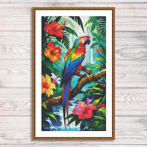 May include: A framed cross-stitch artwork featuring a vibrant macaw perched on a branch amidst lush tropical foliage. The artwork showcases a colorful parrot with red, blue, yellow, and green feathers, surrounded by red, yellow, and pink hibiscus flowers and a waterfall.