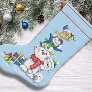 Stack of Critters Christmas Stocking Counted Cross Stitch Pattern Santa Embroidery Hand Xstitch Decor Embroidery Chart Needlepoint Chart