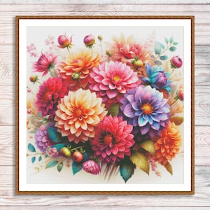Bright Dahlias Bouquet Cross Stitch Pattern PDF Digital Pattern Modern Decor Flower Pattern Floral Embroidery Needlepoint Chart PDF Download