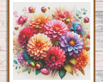 Bright Dahlias Bouquet Cross Stitch Pattern PDF Digital Pattern Modern Decor Flower Pattern Floral Embroidery Needlepoint Chart PDF Download