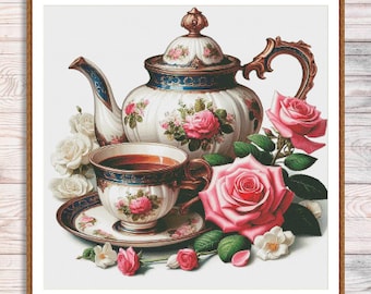 Tasse Tee Kreuzstichmuster Digitales Muster Blumen Stillleben Teekanne-Service Rosen Muster Handstickerei Nadelspitze Stickmuster