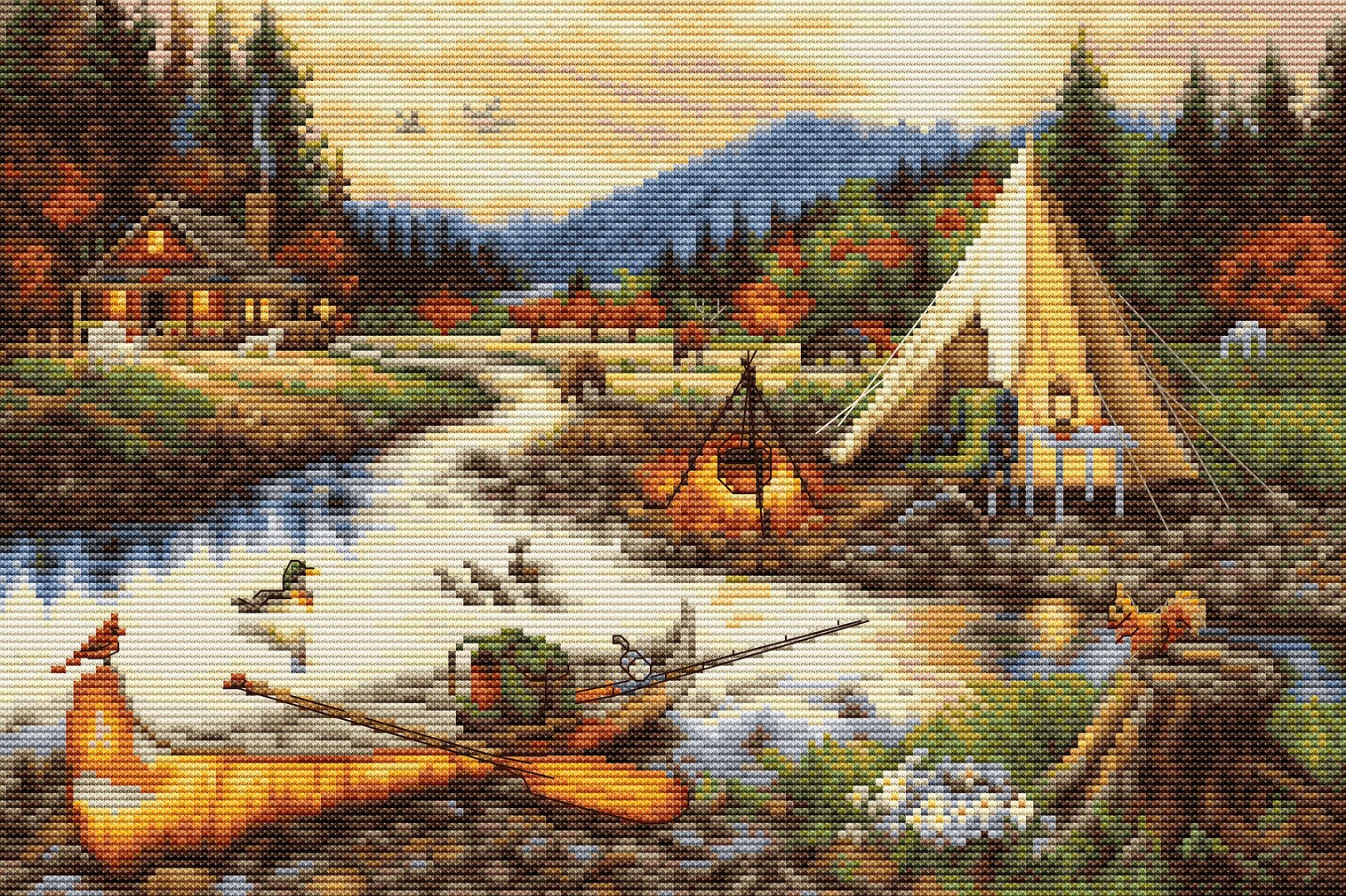 Gold Creek Cross Stitch Kit Summer Landscape Counted Cross Stitch Kits DIY Luca-S kit Wigwam Mountains River Home Wall Decor Hand embroidery