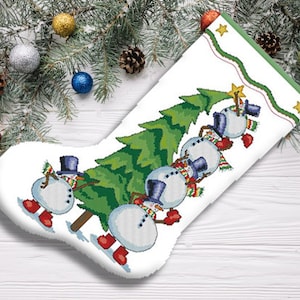 Trimming the Tree Christmas Stocking Counted Cross Stitch Pattern Santa Embroidery Hand Xstitch Decor Embroidery Chart Needlepoint Chart