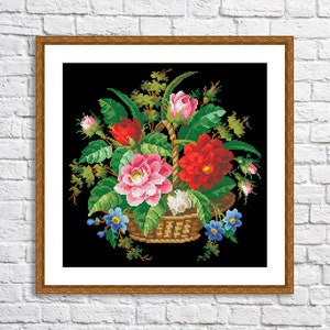 Mand Boeket rozen Geteld kruissteekpatroon Vintage bloemenborduurwerk Digitaal patroon Rode rozen Borduurnaaldkaart