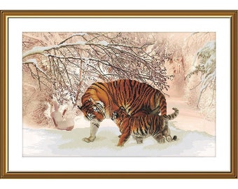 Tiger Cub Cross Stitch Kit Animal Cross Stitch Tigress Snow Forest Paesaggio invernale Kit ago Needlepoint kit Kit ricamo Modern Hand Cross Stitch