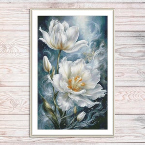 White Tulips Cross Stitch Pattern Butterfly Digital Pattern Modern Decor Flower Xstitch Pattern Floral Embroidery Needlepoint Chart PDF