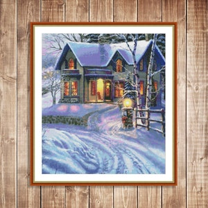 Winter cottage Counted Cross Stitch Pattern Christmas Village Winter Holidays Winter Landscape Hand Embroidery Needlepoint Chart Cottage PDF
