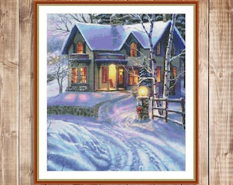 Winter cottage Counted Cross Stitch Pattern Christmas Village Winter Holidays Winter Landscape Hand Embroidery Needlepoint Chart Cottage PDF