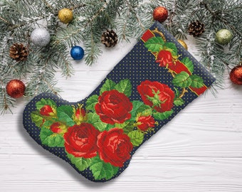 Christmas Roses Christmas Stocking Counted Cross Stitch Pattern Flower Embroidery Hand Stitch Decor Embroidery Chart Needlepoint Chart PDF