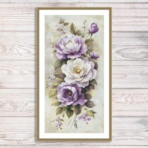Aquarel rozen tak geteld kruissteekpatroon wit violet bloemen tak van tuinbloemen vintage bloemen digitaal borduurpatroon