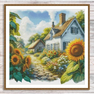 Wzór haftu krzyżykowego Dom wiejski Kwiaty ogrodowe Krajobraz letni Vintage Cottage Haft ręczny Haft krzyżykowy Wzór cyfrowy