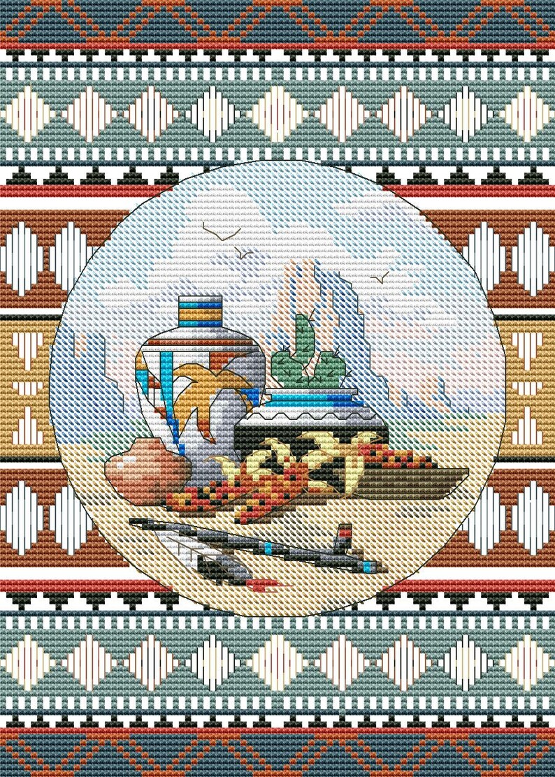Counted Cross Stitch Pattern Southwest Blend Landscape Pattern Hand Embroidery Needlepoint Grand Canyon Desert Cactus Ceramic tableware image 2