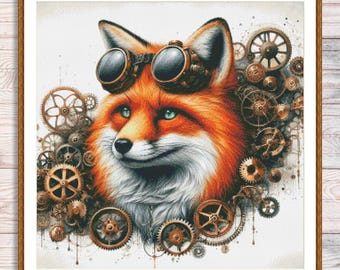 Steampunk Fox Cross Stitch Pattern Fox with Gears and Goggles Embroidery Design Modern Animal  Needlepoint chart Hand Counted cross stitch
