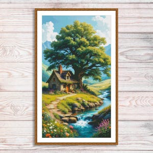Wzór haftu krzyżykowego Dom wiejski Kwiaty ogrodowe Krajobraz letni Vintage Cottage Haft ręczny Haft krzyżykowy Wzór cyfrowy