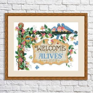 Welkom Cross Stitch Patroon Bloemen Vogel Digitaal Patroon PDF Modern Decor Wilde Bloemen Patroon Boeket Borduurnaaldpunt Grafiek