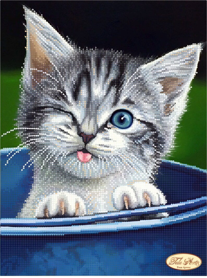Funny kitten Bead Embroidery kit Needlework Animal Beadwork Hand embroidery Stitching decor Beading pattern Cat Embroidery beads