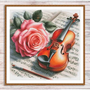 Vintage viool kruissteekpatroon digitaal patroon viool en bloemen wilde bloemen patroon muziek borduren borduurpatroon downloaden