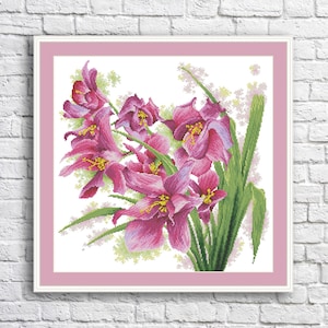 Lovely Orchids Cross Stitch Pattern Floral Digital Pattern Modern Decor Violet Pink Flowers Pattern Bouquet Embroidery Needlepoint chart PDF