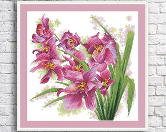 Belle orchidées Cross Stitch Pattern Floral Digital Pattern Modern Decor Violet Pink Flowers Pattern Bouquet Broderie Needlepoint chart PDF