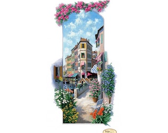 Puede incluir: Una pintura de una colorida escena callejera italiana con un canal, edificios y flores. La escena está enmarcada por una ventana con flores rosas que crecen a su alrededor. El texto "Tela Artis" es visible en la esquina inferior derecha.