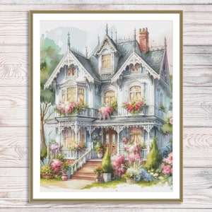 Victorian Cottage Counted Cross Stitch Pattern Summer Landscape Pattern Hand Embroidery Needlepoint Chart Cottage Digital Pattern