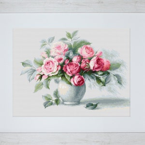 Etude met Rozen Getelde Kruissteek kit Luca-S kits Roze bloemen patroon Bloemen kruissteek Wilde bloem Naaldpunt Boeket handwerk