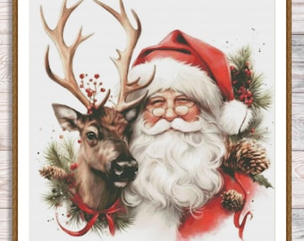 Santa Claus and Reindeer Cross Stitch Pattern, Christmas Embroidery Design, Holiday PDF Chart, Instant Download