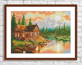 Evening in the mountains Cross Stitch Pattern Digital Pattern Hunting lodge Landscape Pattern Hand Embroidery Needlepoint River Boat