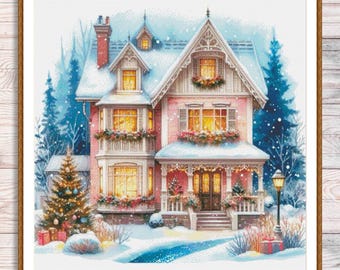 Christmas House Counted Cross Stitch Pattern Christmas Tree Winter Landscape Holidays Hand Embroidery Needlepoint Chart Cottage PDF