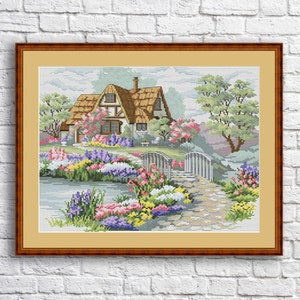 Charming Cottage Cross Stitch Pattern Digital Pattern Modern Decor Landscape Pattern Hand Embroidery Needlepoint Counted cross stitch