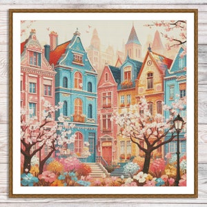 Sprookjesstad geteld kruissteekpatroon Sweet Home Landhuis Tuin Bloemen Lente Landschap Borduurpatroon Digitaal patroon