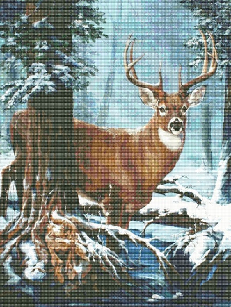 Deer Counted Cross Stitch Pattern Winter Forest Snow Modern Embroidery ...