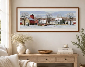 Landschaftsmuster mit Bauernhofmotiv, Kreuzstichvorlage, Winterlandschaft, Handstickerei, Nadelspitzenvorlage, Dorfhaus, digitale Vorlage (PDF)