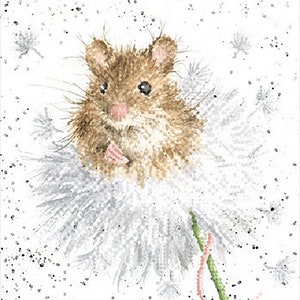 May include: A small brown mouse sits on a white dandelion with seeds blowing in the wind. The background is white with black speckles.