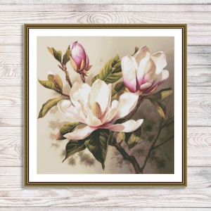 Magnoliatak geteld kruissteekpatroon roze bloemen Tak van tuinbloemen Vintage digitaal bloemenpatroon borduurpatroon PDF