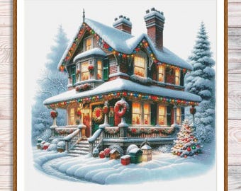 Christmas House Counted Cross Stitch Pattern Christmas Tree Winter Landscape Holidays Hand Embroidery Needlepoint Chart Cottage PDF