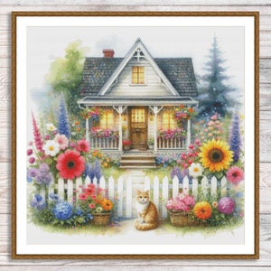 Vintage Cottage Counted Cross Stitch Pattern Cat Summer Garden Flowers Landscape Pattern Hand Embroidery Needlepoint Chart Digital Pattern