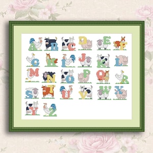 Boerderijdieren ABC Sampler Geteld kruissteekpatroon ABC Borduren Handstiksels Borduurkaart Naaldkaart Decor voor kinderkamer