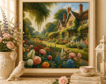 Village Cottage Counted Cross Stitch Pattern Victorian home House Needlepoint Chart Cottage Blooming garden Digital Pattern PDF Building