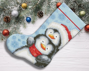 Christmas Stocking Hugging Penguins Counted Cross Stitch Pattern Embroidery Decor Gift Animal Embroidery Needlepoint Chart Instant download