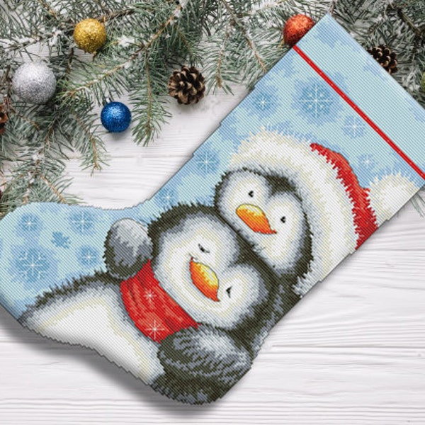 Christmas Stocking Hugging Penguins Counted Cross Stitch Pattern Embroidery Decor Gift Animal Embroidery Needlepoint Chart Instant download